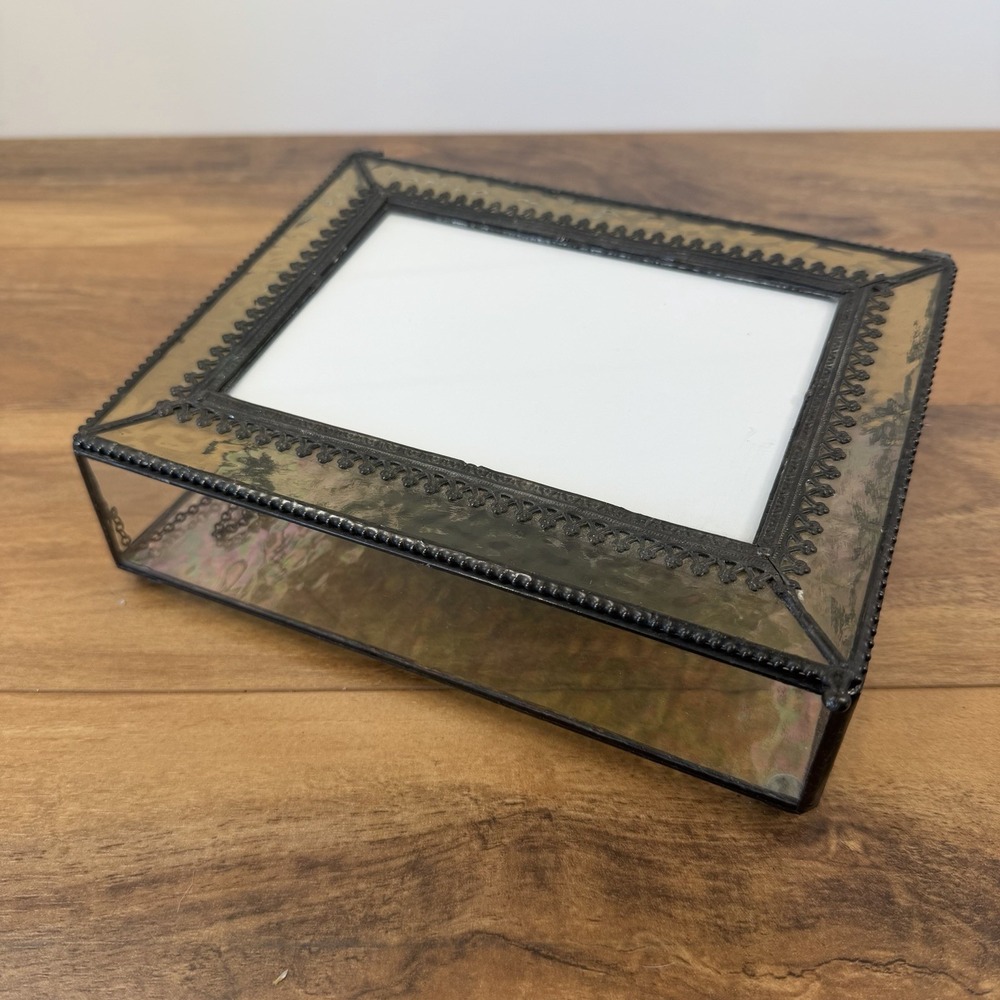 Ormolu‎ Keepsake Box Photo Lid Iridescent Glass Large 8x6" Trinket Jewelry Box